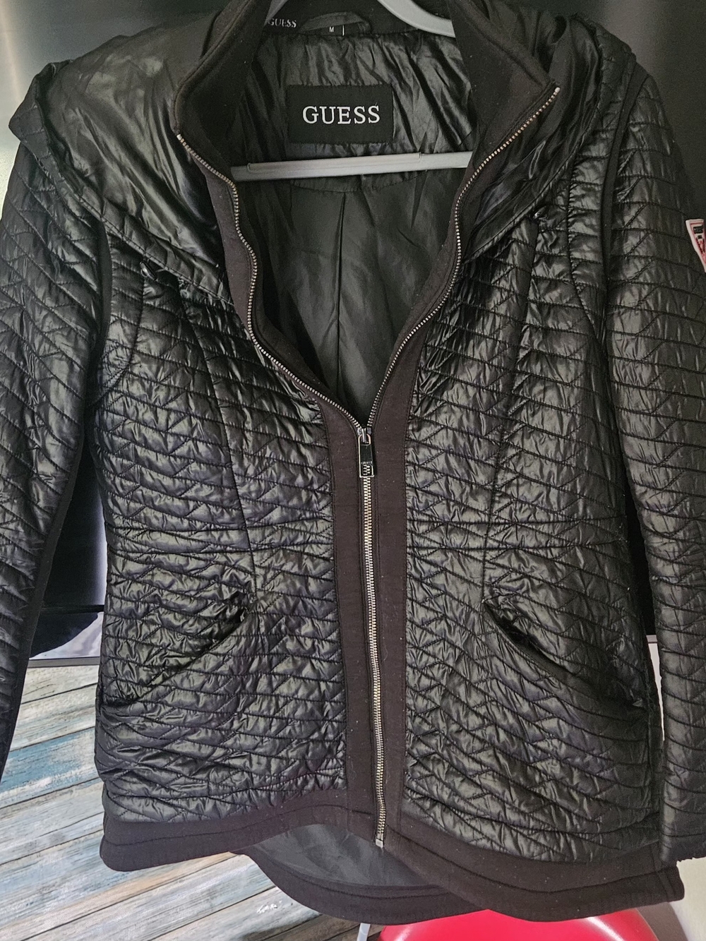 Guess Black Quilted Hooded Puffer Jacket with Front Zip